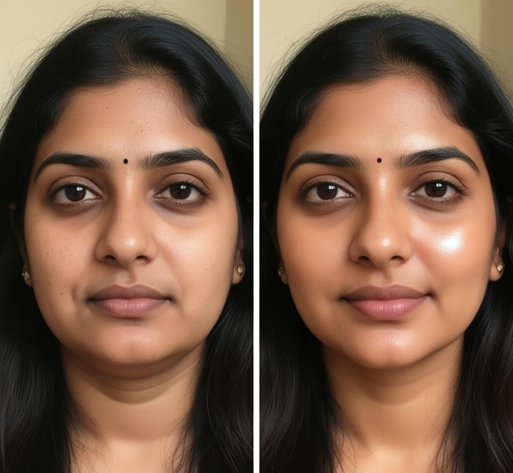 Before and after face yoga transformation — glow and jawline definition